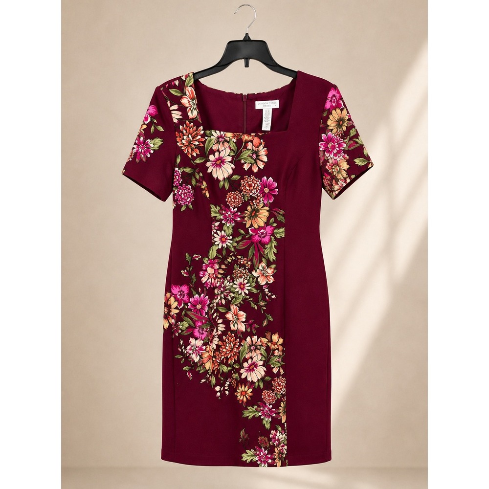 London Times Womens Dress 8P Burgundy Polyester Sheath Floral Placement Print